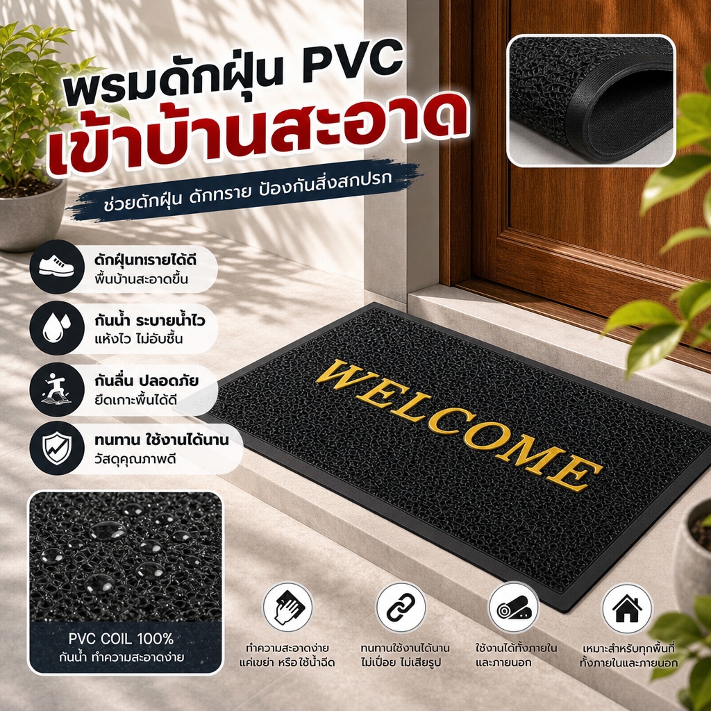 `พรมเช็ดเท้าประตู PVC เช็ดฝุ่น เช็ดทราย เข้าบ้านสะอาด กันน้ำ ทำความสะอาดง่าย กันลื่นไม่เลื่อน ทนทาน ใช้งานได้นาน