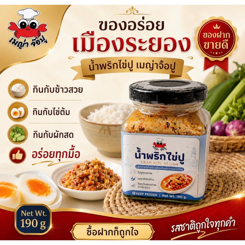 เมญ่าจ๊อปู น้ำพริกไข่ปู 1 กระปุก  (190 กรัม) รสชาติครบรส  เราใช้ไข่ปูม้าแท้ๆ 💯%