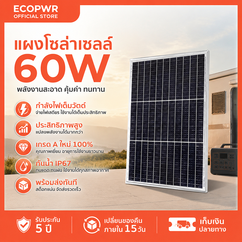 แผงโซลาร์เซลล์ 60W ประสิทธิภาพสูง กันน้ำระดับ IP67 ทำจากซิลิคอนคริสตัลเดี่ยว น้ำหนักเบาพกพาง่าย เหมาะสำหรับใช้งานสวน เร