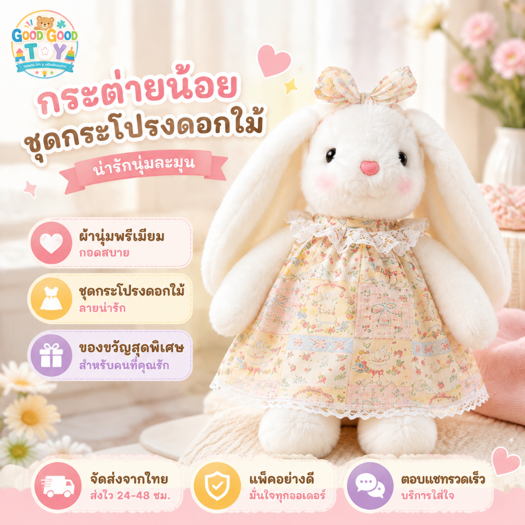 ตุ๊กตากระต่ายน้อยสีขาว ชุดกระโปรงลายดอกไม้ ตุ๊กตาผ้านุ่มน่ารัก สำหรับเด็กผู้หญิง ของสะสม ของแต่งห้องและของขวัญ