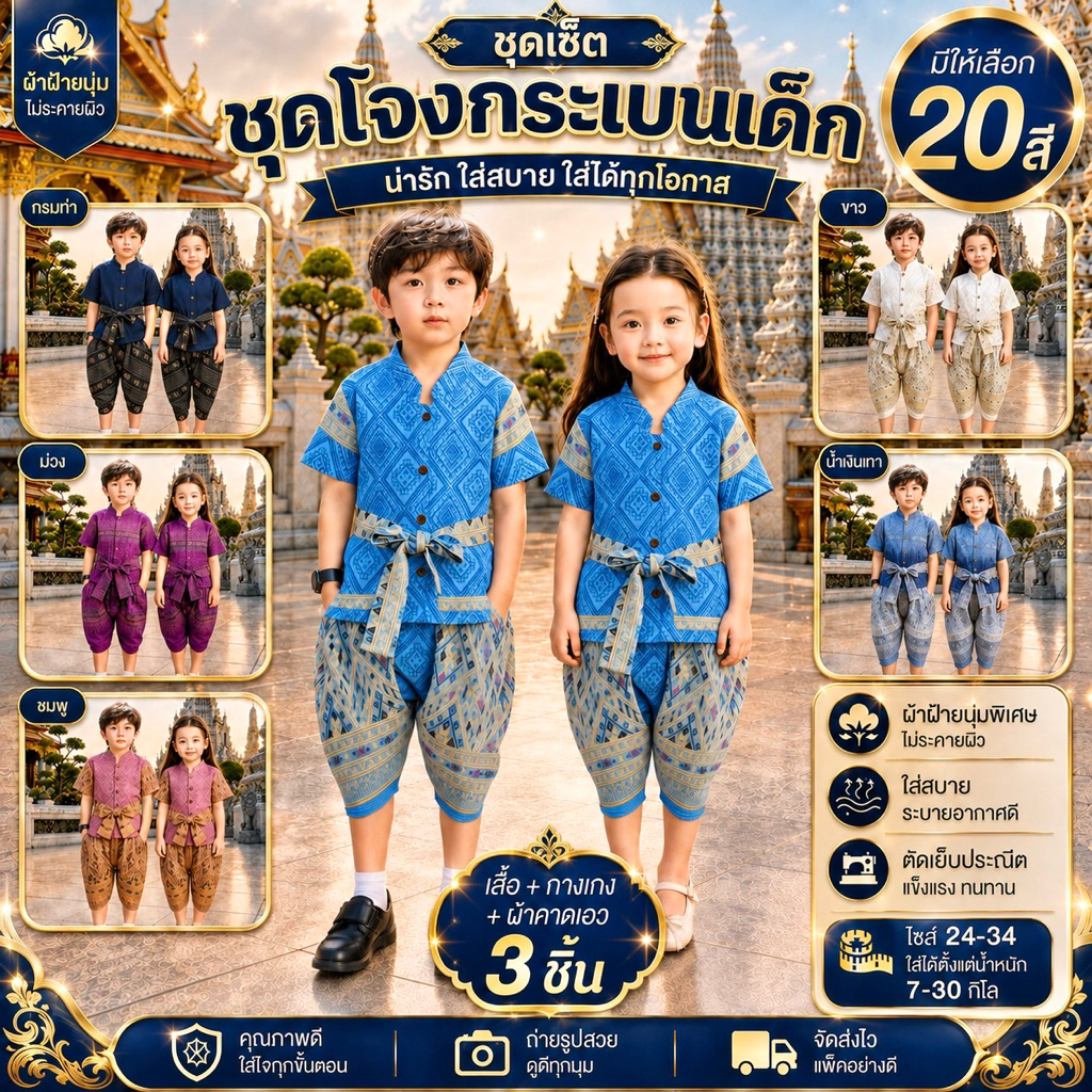 ชุดโจงกระเบนเด็ก/ชุดเดรส (เสื้อ+กางเกง+ผ้าคาดเอว) 3ชิ้น ลายช้าง/ลายไทย