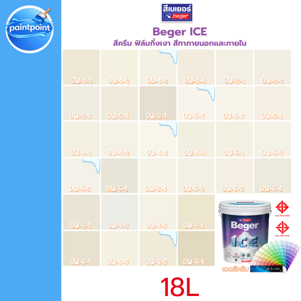 Beger ICE เบเยอร์ ไอซ์ สีครีม ฟิล์มกึ่งเงา สีทาภายนอก / ทาภายใน เช็ดล้างได้ กันร้อนเยี่ยม เนื้่อสีเย