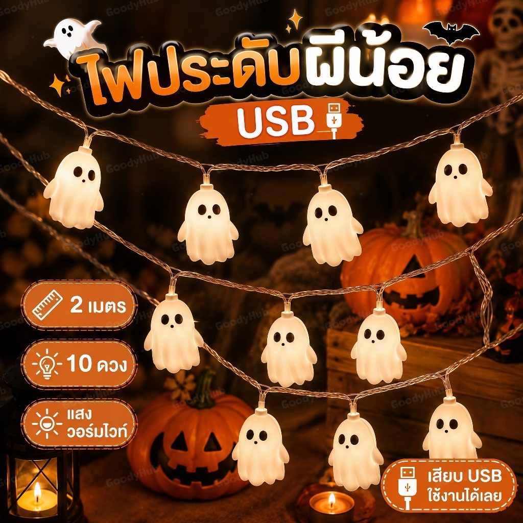ไฟประดับฮาโลวีน Halloween ไฟ LED USB ของตกแต่งฮาโลวีน ไฟสายแต่งบ้าน ปาร์ตี้ฮาโลวีน แสงวอร์มไวท์ มี 2 แบบ