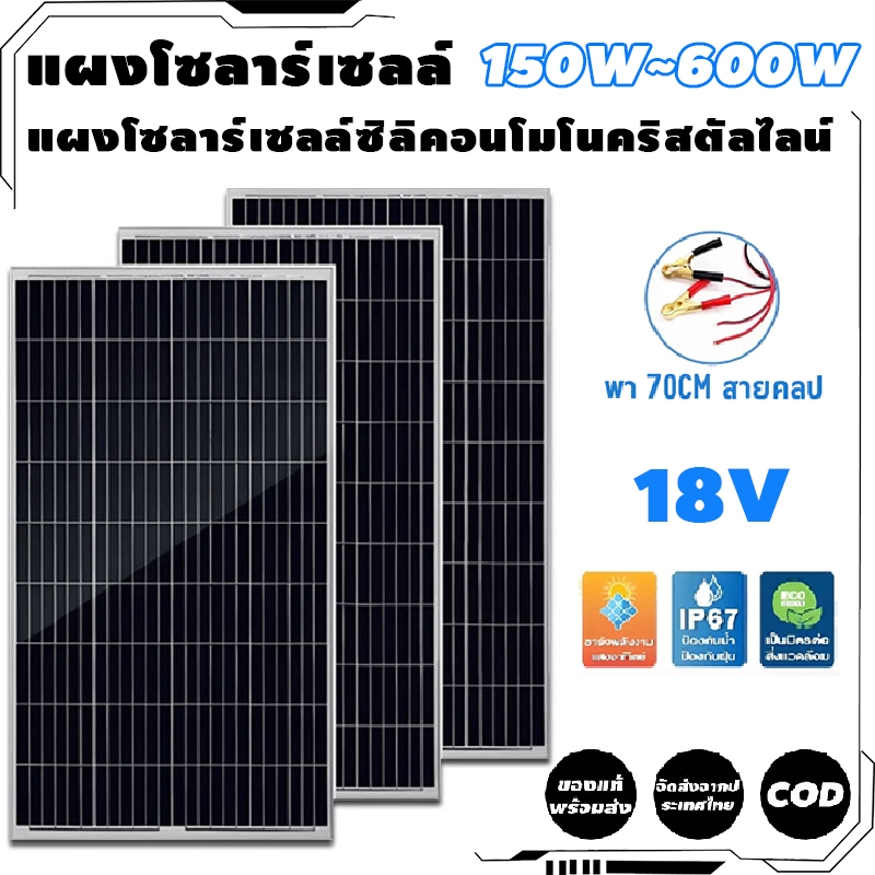 แผงโซลาร์โมโนเกรด A 18V ผลิตไฟดีแม้แสงน้อย กันน้ำทนแดด ติดหลังคาบ้าน ผลิตไฟเสถียรกลางแจ้ง