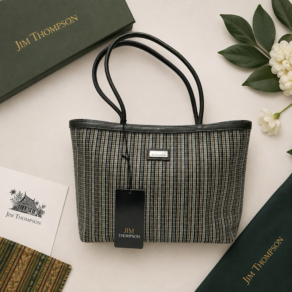 :  JIM THOMPSON Little Duty Bag Woven Fabric Tote Shoulder Bag Green Black Original Tag