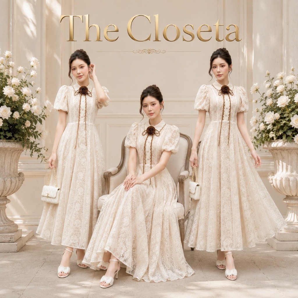 THE CLOSETA : LB664 เดรสยาวแขนสั้นทรงพอง ตัดเย็บด้วย ผ้าลูกไม้ลายดอกทั้งชุด พร้อมเข็มกลัดดอกไม้สีน้ำตาล