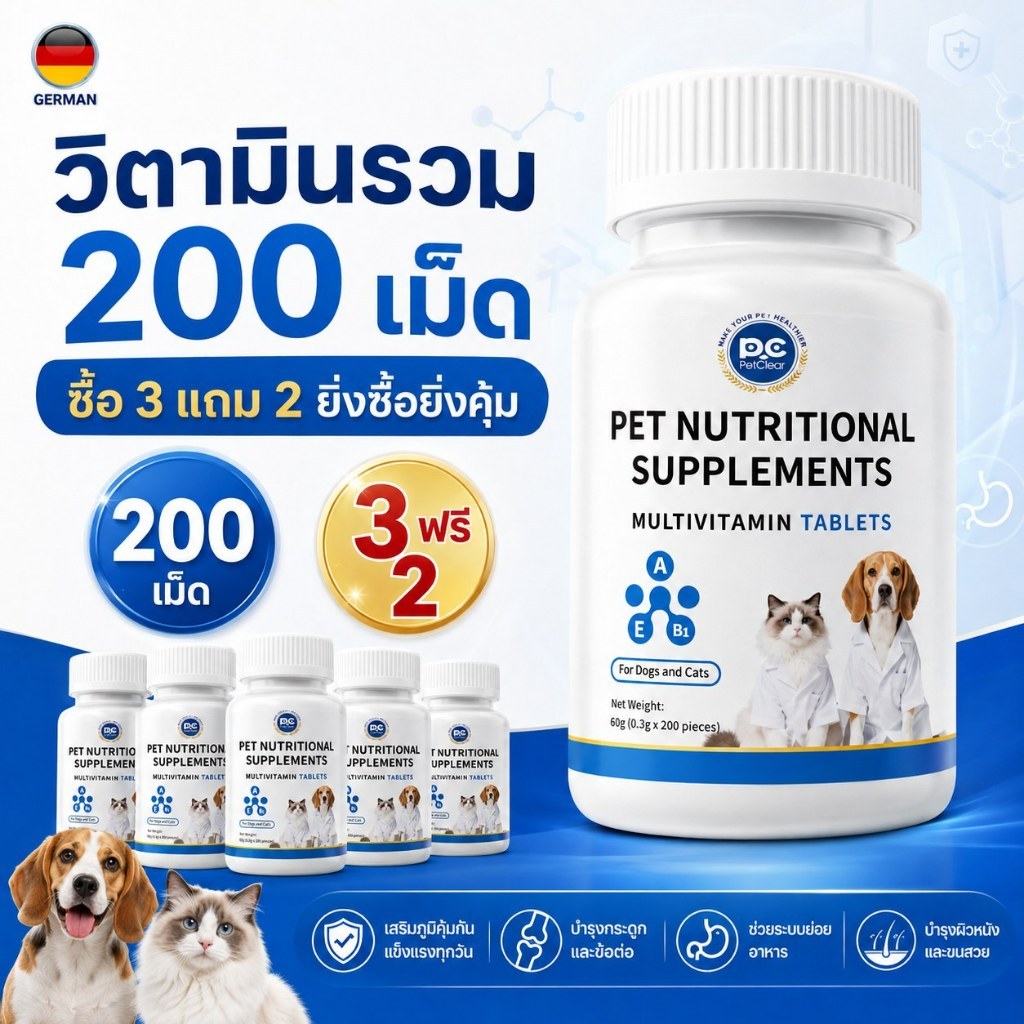 PetClear อาหารเสริมสุนัขและแมว วิตามินรวม 200 เม็ด ใช้เสริมโภชนาการทุกวัน