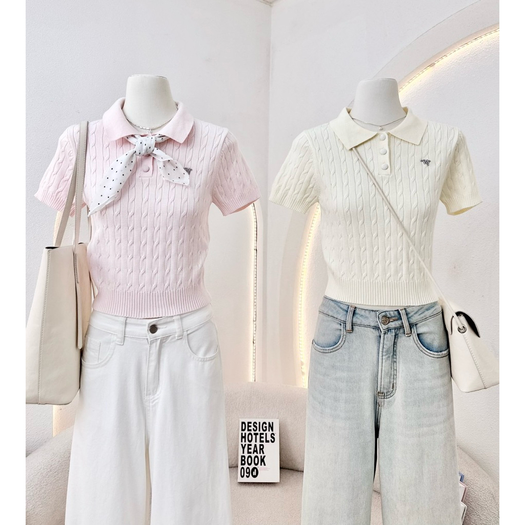 โปรดอ่านรายละเอียดสินค้าก่อนการสั่งซื้อ WA YA เสื้อครอปไหมพรมคอปกโปโลเข้ารูป