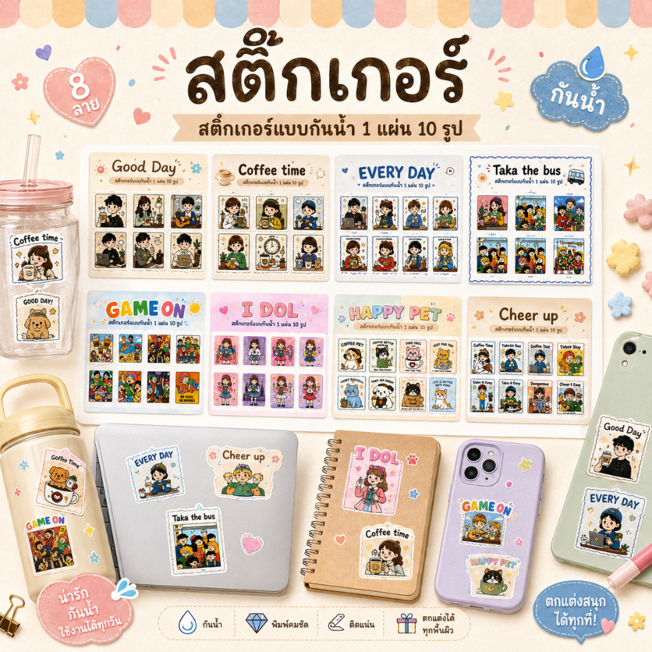 สติกเกอร์แบบกันน้ำ 1 แผ่น 10 รูป สติ๊กเกอร์ลายการ์ตูน ขนาด 5x5 cm. สติ้กเกอร์ติดแก้วเครื่องดื่ม(สติกเกอร์กระดาษเคลือบ)