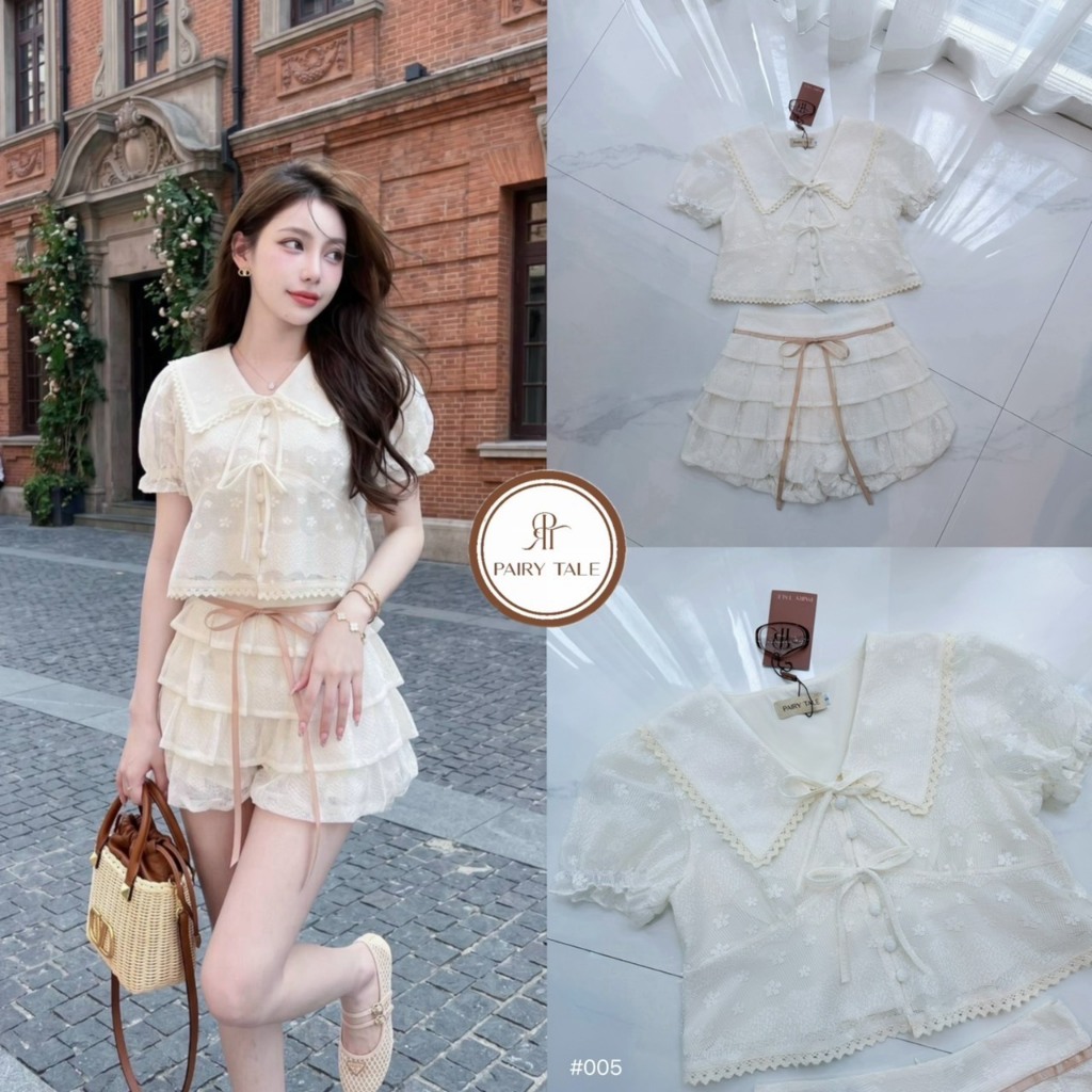 [PAIRY TALE] เซตเสื้อครอปแขนตุ๊กตาผ้าลูกไม้ซีทรูลายดอกไม้เล็กๆ โดดเด่นด้วยดีไซน์ปกแต่งขอบลูกไม้ฉลุ