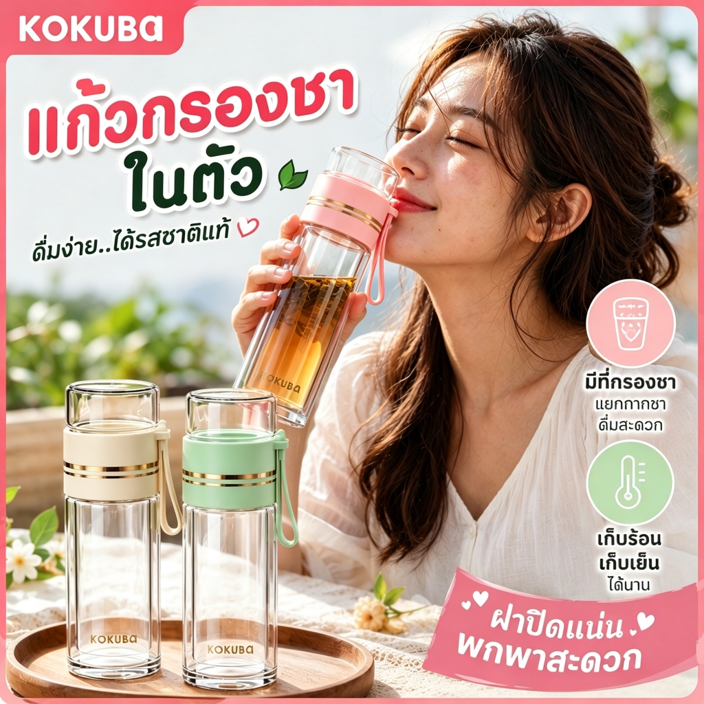 KoKuBa แก้วชงชา 450ML กระบอกชงชา แบบพกพา มีที่กรองชา แก้ว 2 ชั้น กันรั่ว ดื่มชา กาแฟ พร้อมส่ง