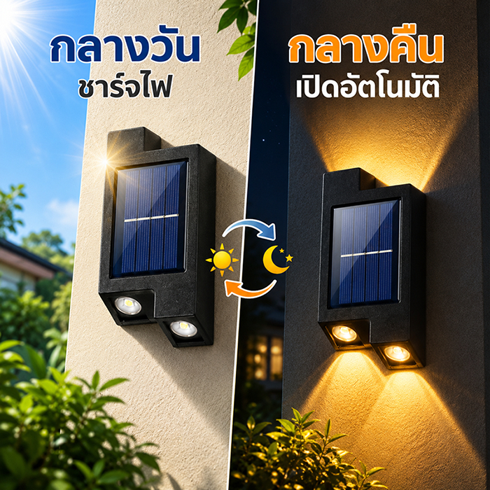 โคมไฟติดผนัง ไฟโซล่าเซลล์ Solar Light ไฟโซล่าเซลล์แต่งสวน โคมไฟ ติดผนัง กันน้ำ IP67 ไฟเปิดปิดอัตโนมัติ