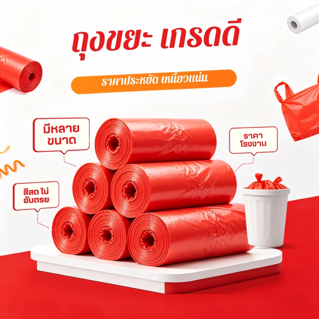 ถุงขยะสีแดง คุณภาพดี ราคาถูก จำนวน 1 กก. หนาเหนียว สีสวย