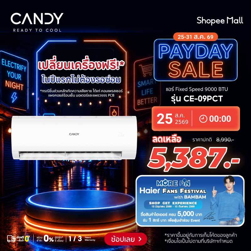 CANDY เครื่องปรับอากาศติดผนัง PCT/PCTL (เลือกรุ่น & เลือกบริการติดตั้งจาก Q-Chang ได้)