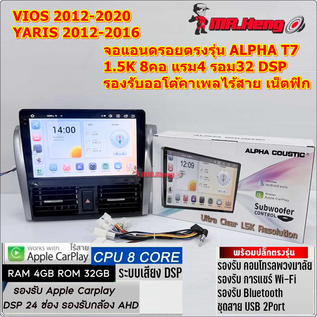 จอแอนดรอย ตรงรุ่น VIOS/Yaris 2012-2020 Alpha Coustic รุ่น T7-1.5K CPU8คอ RAM4 ROM32 มี DSP/ASP  ระบบ