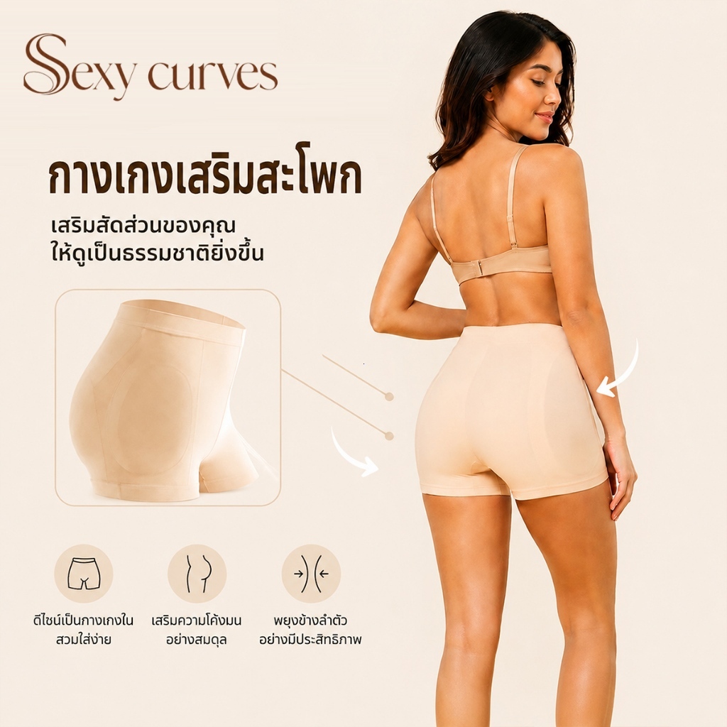 กางเกงสั้น พร้อมแผ่นรองสะโพก แบบยกสะโพกธรรมชาติ ผ้ายืดหยุ่น ระบายอากาศได้ดี เหมาะกับรูปร่าง ใส่สบาย ไม่มีเส้นที่เห็นได้ช