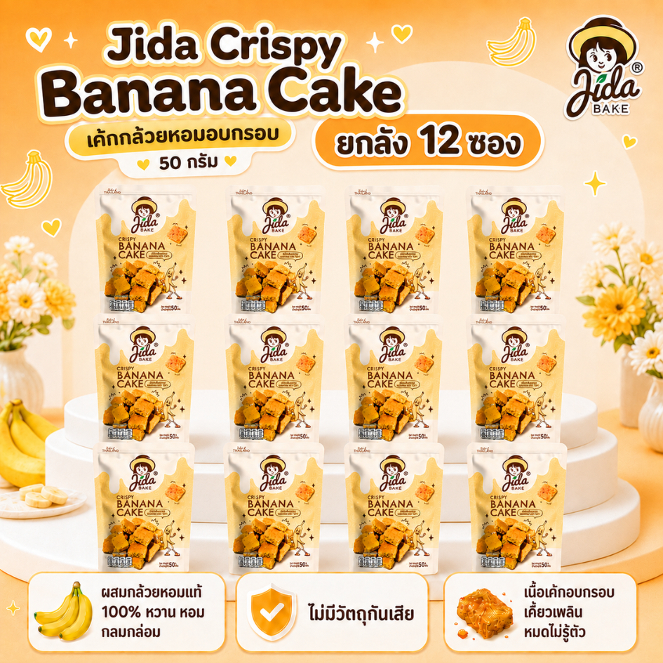 [12 ซอง] Jida Bake 50 g เค้กกล้วยหอมอบกรอบ | Crispy Banana Cake