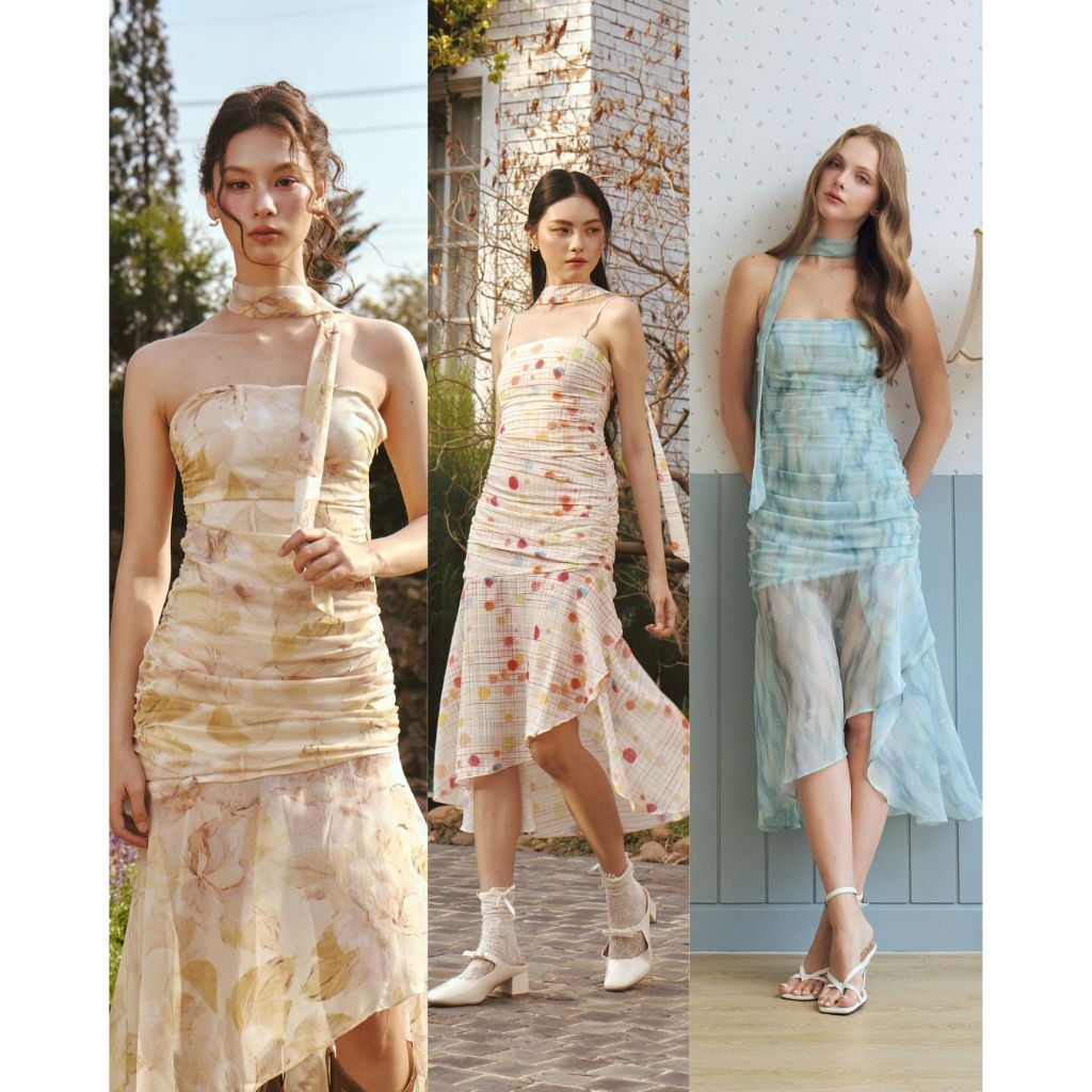 KOKISE - Venice Dress เดรสออกงาน เกาะอกดีเทลเย็บย่นทั้งตัว พร้อมสายพาดคอ  (XS-XL)