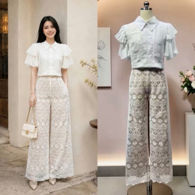 ชุดเซตกางเกงขายาว ชุดลูกไม้ งานเจน ชุดสีขาว งานป้าย chalita