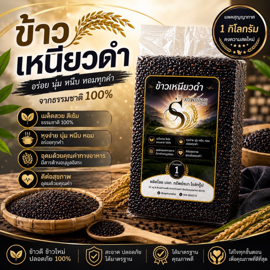 ข้าวเหนียวดำ ตราทรัพย์ธนา สดใหม่จากท้องนา แพคสุญญากาศ1kg.