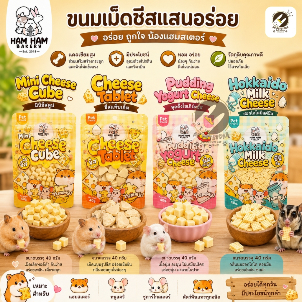 Ham Ham Bakery ขนมชีสแท้สำหรับสัตว์เลี้ยงเล็ก ขนาด 40g ขนมแฮมสเตอร์ ชูการ์ไกลเดอร์ หนูแกสบี้ สัตว์ฟันแทะ