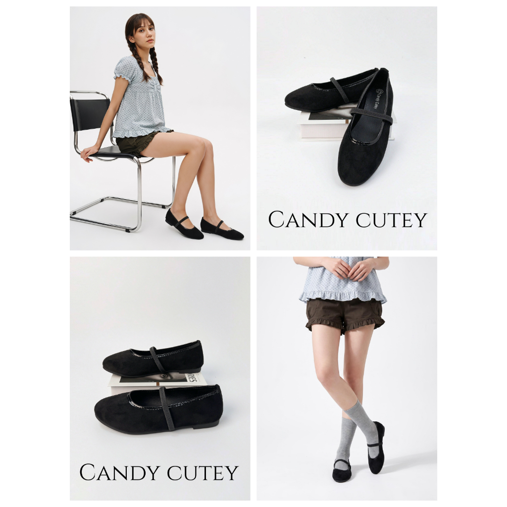 CandyCutey รองเท้าแบลเลอรีนแมรี่เจน ผิวหนังกลับ ผู้หญิง นุ่มสวมใส่สบาย สวมถอดง่าย จับคู่ชุดได้หลายสไตล์ รองเท้าลำลองประจ