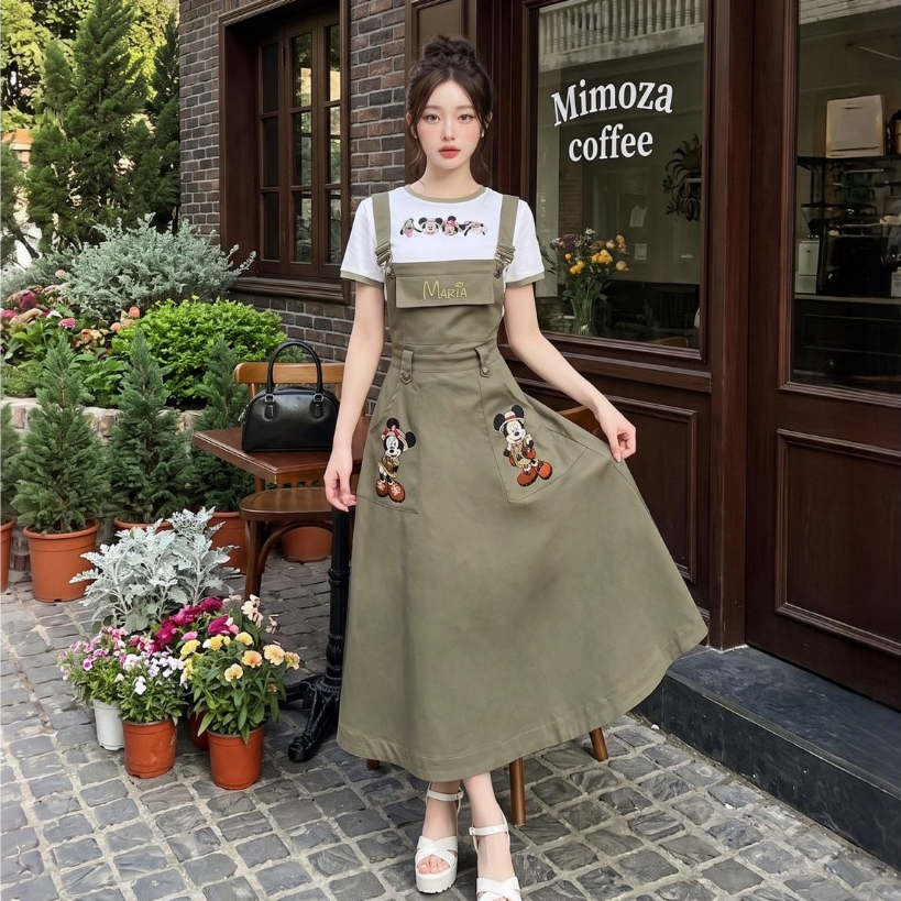 (มีถึง3XL สีเขียว Mimoza Mick Set เซ็ต 2 ชิ้น เสื้อยืดงานปัก 5 กระโปรงเอี๊ยมผ้าคอตตอน มีกระเป๋าข้าง สายปรับได้