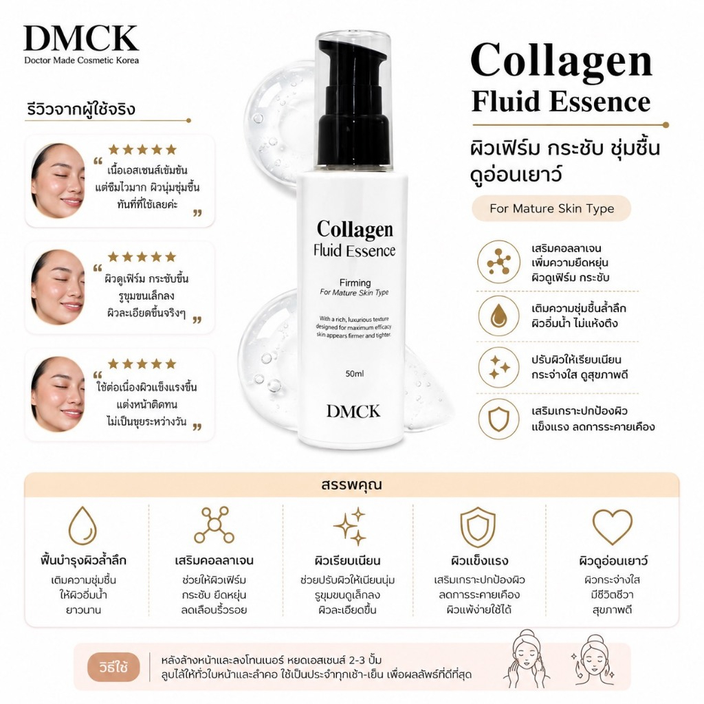 ไม่แท้คืนเงิน Dmck Collagen Fluid Essence 50ml.คลอลาเจนเข้มข้น ช่วยให้ผิวเปล่งปลั่งดูดี