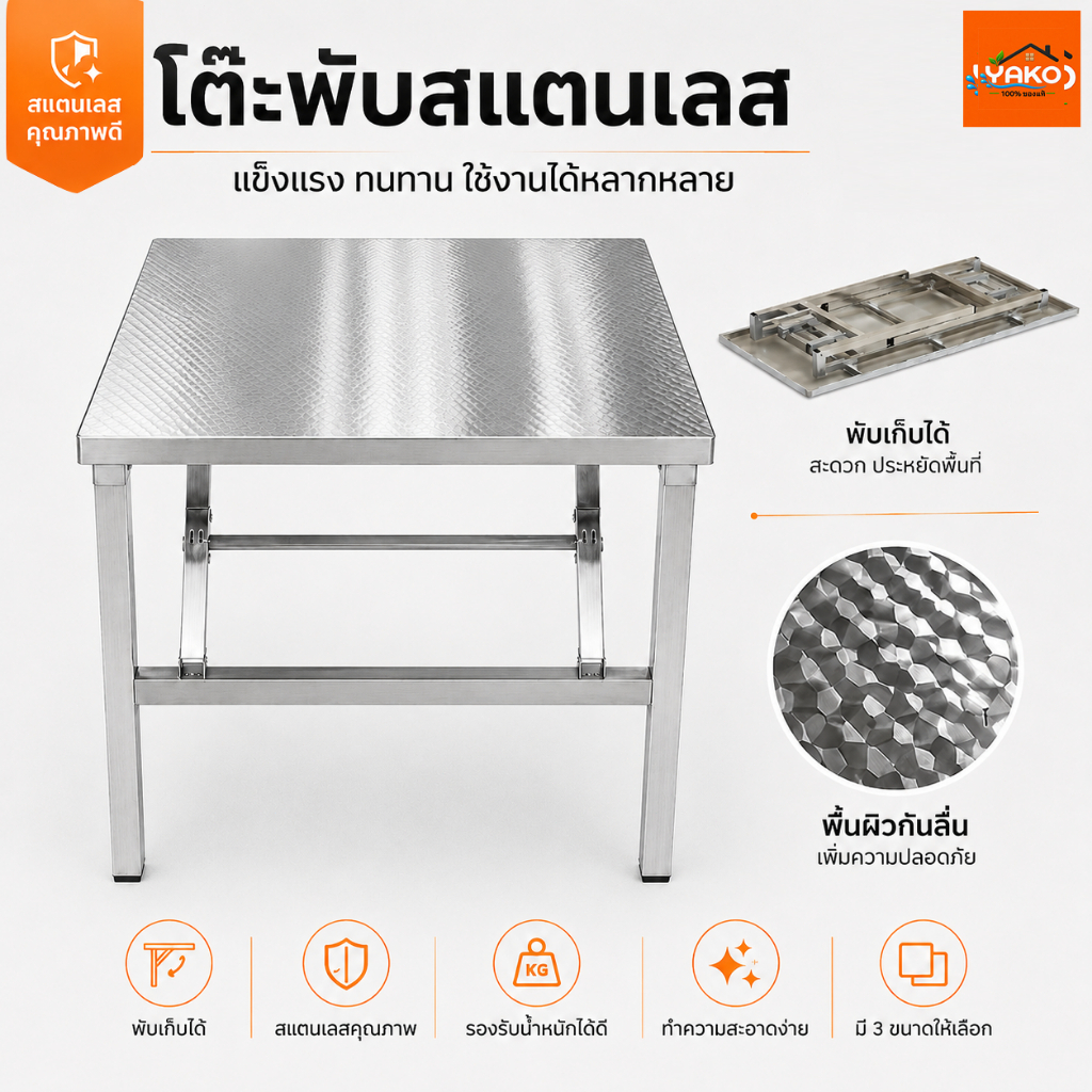 YAKO โต๊ะพับสแตนเลส โต๊ะสแตนเลส304 พับได้ แข็งแรง กันสนิม รับน้ำหนักสูง 3 ขนาด 40x80 60x100 60x120