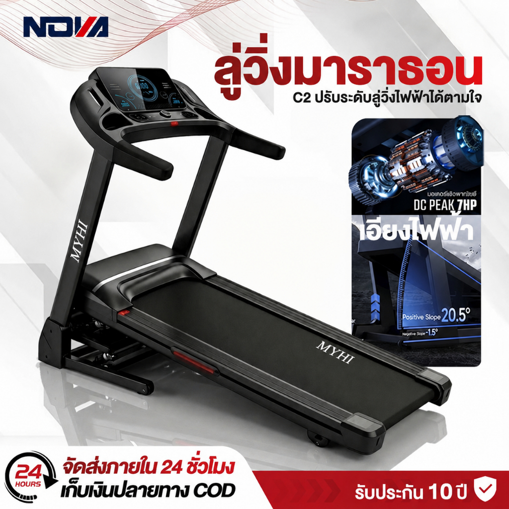 ลู่วิ่งไฟฟ้า ลู่วิ่ง C2 ปรับความชันไฟฟ้า 20° แรงม้า 5.2HP รับน้ำหนัก 300 กก. พับไฮดรอลิก+ลำโพงบลูทูธ