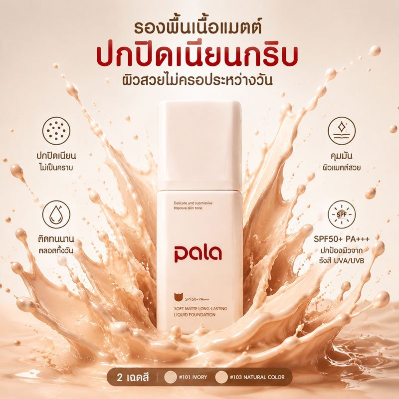รองพื้นเนื้อแมท spf50+palo ติดทนนาน | ปกปิดรอยสิว จุดด่างดำเอาอยู่! เนรมิตผิวเนียนเป๊ะ เบาสบาย ไม่แห้งกร้าน