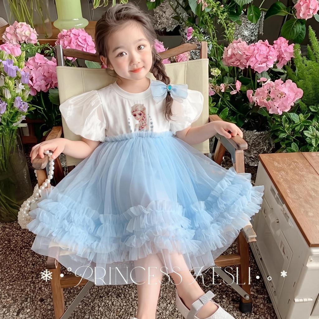 PRINCESS KESLI ชุดเดรสเจ้าหญิงเด็กหญิงฤดูร้อน กระโปรงฟูฟ่องผ้าทูลสีฟ้าอ่อน แขนพอง ระบายหลายชั้น ชุดเด็กผู้หญิง 2-12 ปี