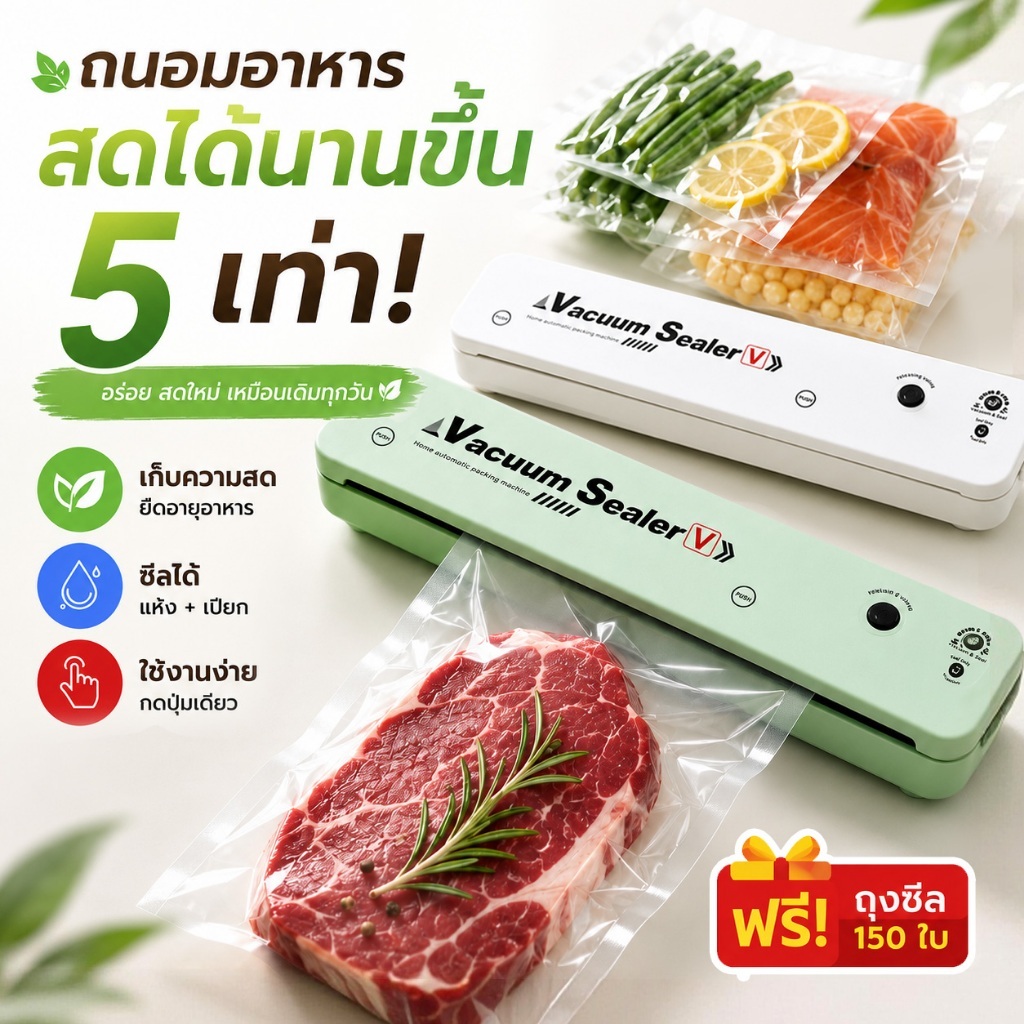 [Nest] เครื่องซีลสูญญากาศ สีขาว สำหรับใช้ในครัวเรือน สีเขียว Vacuum Seale เครื่องซีลสูญญากาศอัตโนมัติ ใช้เปียกและแห้ง