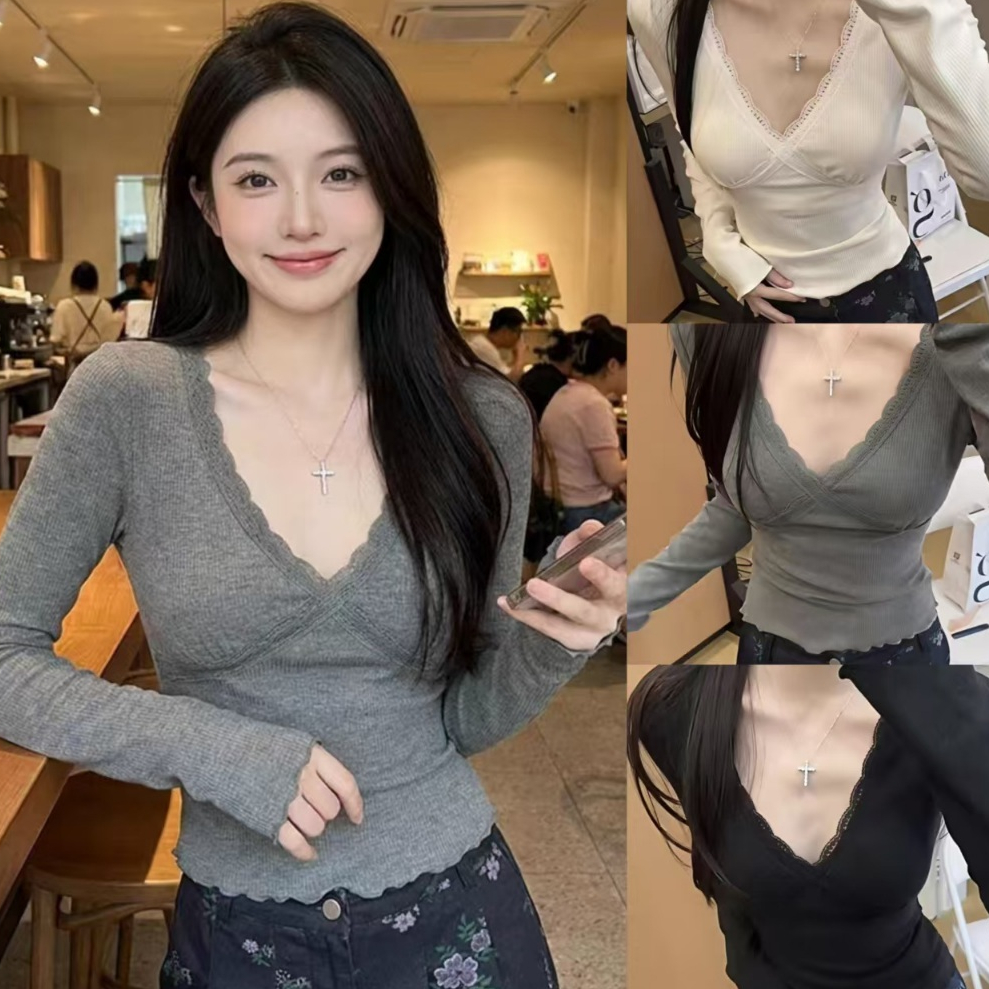 YUANMEI 🎀พร้อมส่ง🎀 เสื้อยืดแขนยาวคอวีแต่งลูกไม้สุดเซ็กซี่ ใส่สบายสำหรับผู้หญิง สไตล์เกาหลี ทรงเข้ารูป Y20