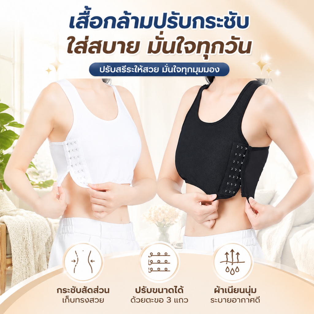 รัดหน้าอกเสื้อผ้า เสื้อกั๊กรัดกล้ามเนื้อและเสื้อสวมหัวแบบปรับได้ สะดวกสบายและระบายอากาศ สวมใส่ได้ทุกวัน
