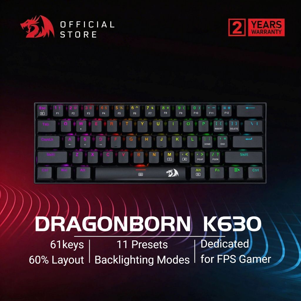 Redragon K630B คีย์บอร์ดเกมมิ่งแบบมีสาย 61 ปุ่ม คีย์แคปภาษาไทย ขนาด 60% คีย์บอร์ดแมคคานิคอลขนาดกะทัด