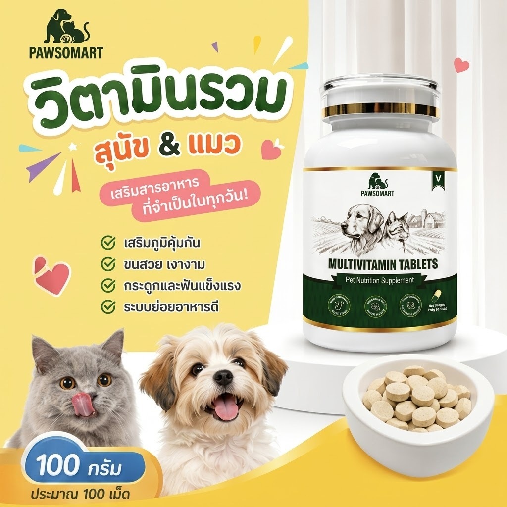 PAWSOMART วิตามินสัตว์เลี้ยง อาหารเสริมสัตว์เลี้ยง วิตามินสุนัข วิตามินแมว เสริมภูมิคุ้มกัน บำรุงขนและผิวหนัง ลดขนร่วง