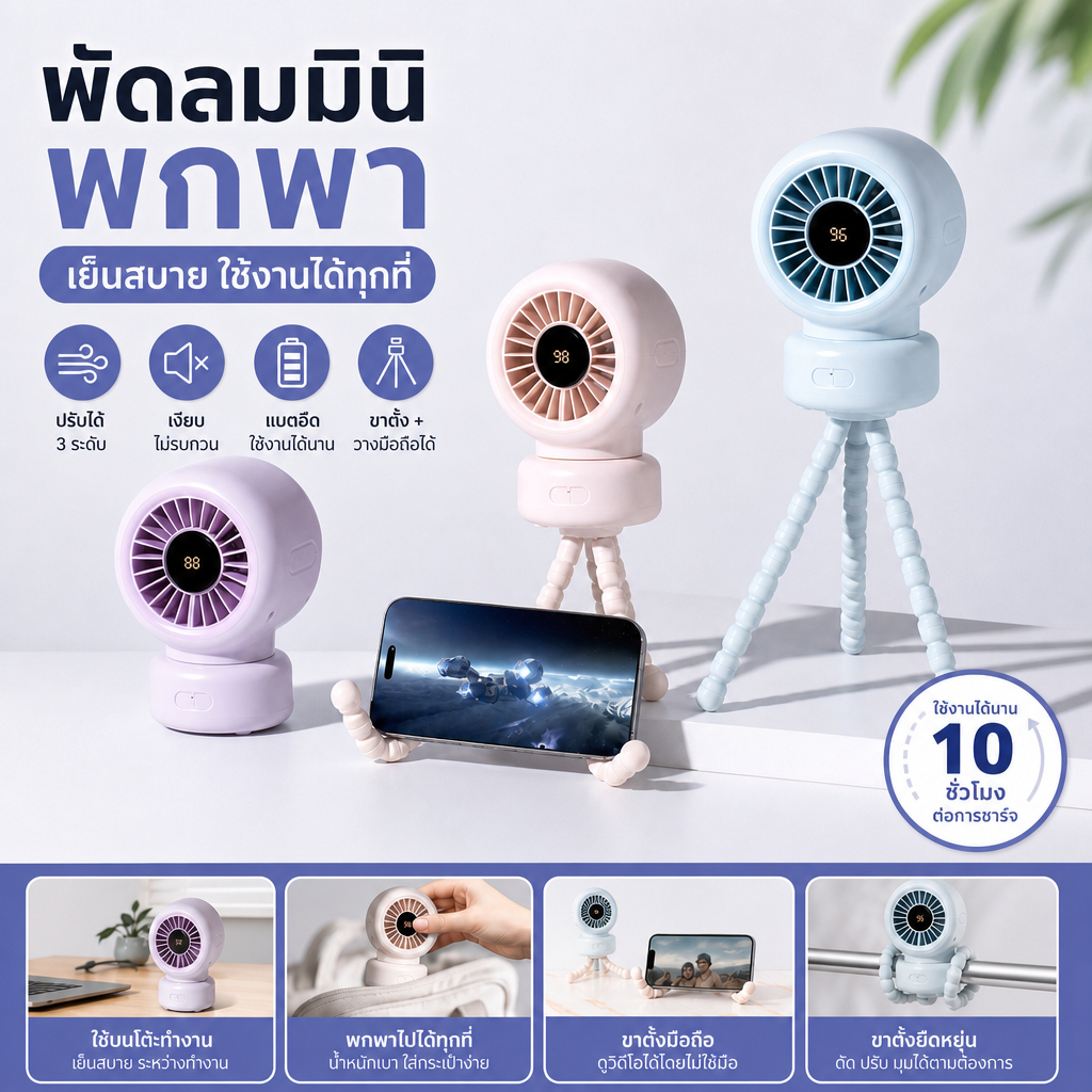 YUUMI พัดลมพกพา 3-in-1 พัดลมตั้งโต๊ะ พัดลมติดรถเข็นเด็ก ขาตั้งยืดหยุ่น ปรับแรงลม 3 ระดับ เสียงเงียบ แบตเตอรี่ใช้ได้นาน