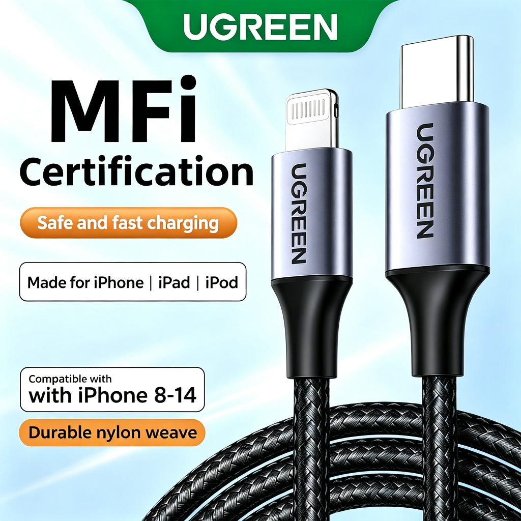 UGREEN USB-C to Lightning MFi PD 20W  สายชาร์จเร็ว Nylon Braided สายชาร์จเร็วสําหรับIPhone 14 13 12 11 Pro Max iPad Airp