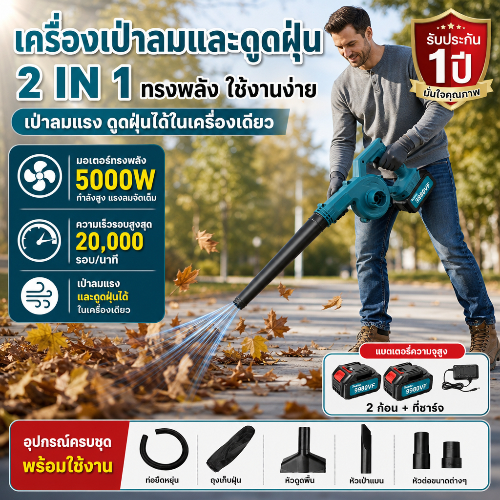 เครื่องเป่าลมไร้สาย 5000W 2in1การดูดและการเป่า รุ่นครัวเรือนพลังงานสูง ลมแรง