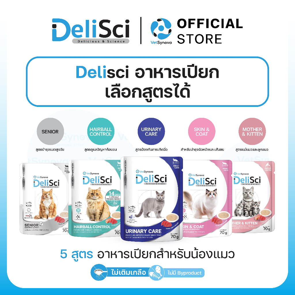 Delisci อาหารเปียกสำหรับน้องแมว 5 สูตร เลือกจำนวน 6 ซอง หรือ 1 กล่อง 12 ซอง