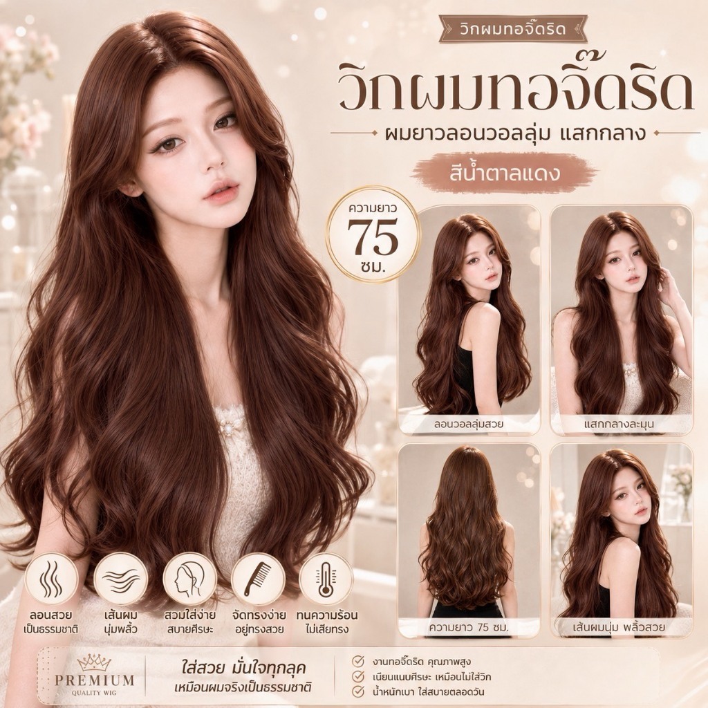 MJ33-1 วิกผมทอจิ๊ดริด ผมยาวลอนวอลลุ่ม แสกกลาง สีน้ำตาลแดง (75 cm.) ให้ลุคดูสดใส ผิวสว่าง