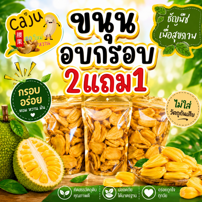 Hot Deal ! ขนุน อบกรอบ 2แถม1 2แถม2 2แถม3 หอม กรอบ อร่อย (ปริมาณ ถุงละ 50กรัม)