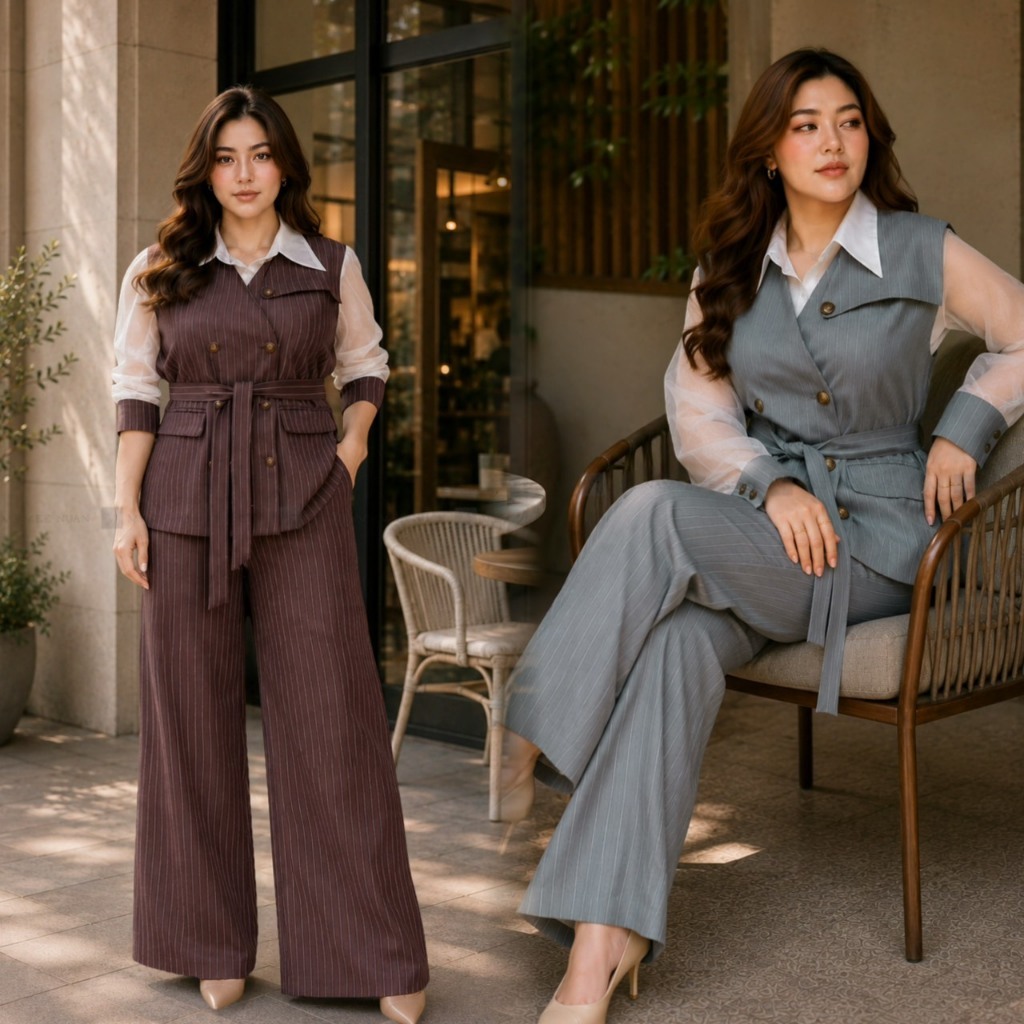 SS75 เซตสูท4ชิ้น สีเทาอมฟ้า/น้ำตาลม่วง คนอ้วน ชุดทำงานสาวอวบพร้อมส่ง เสื้อผ้าพลัสไซส์ Plussize Fashion ชุดคนอ้วน แฟชั่นส