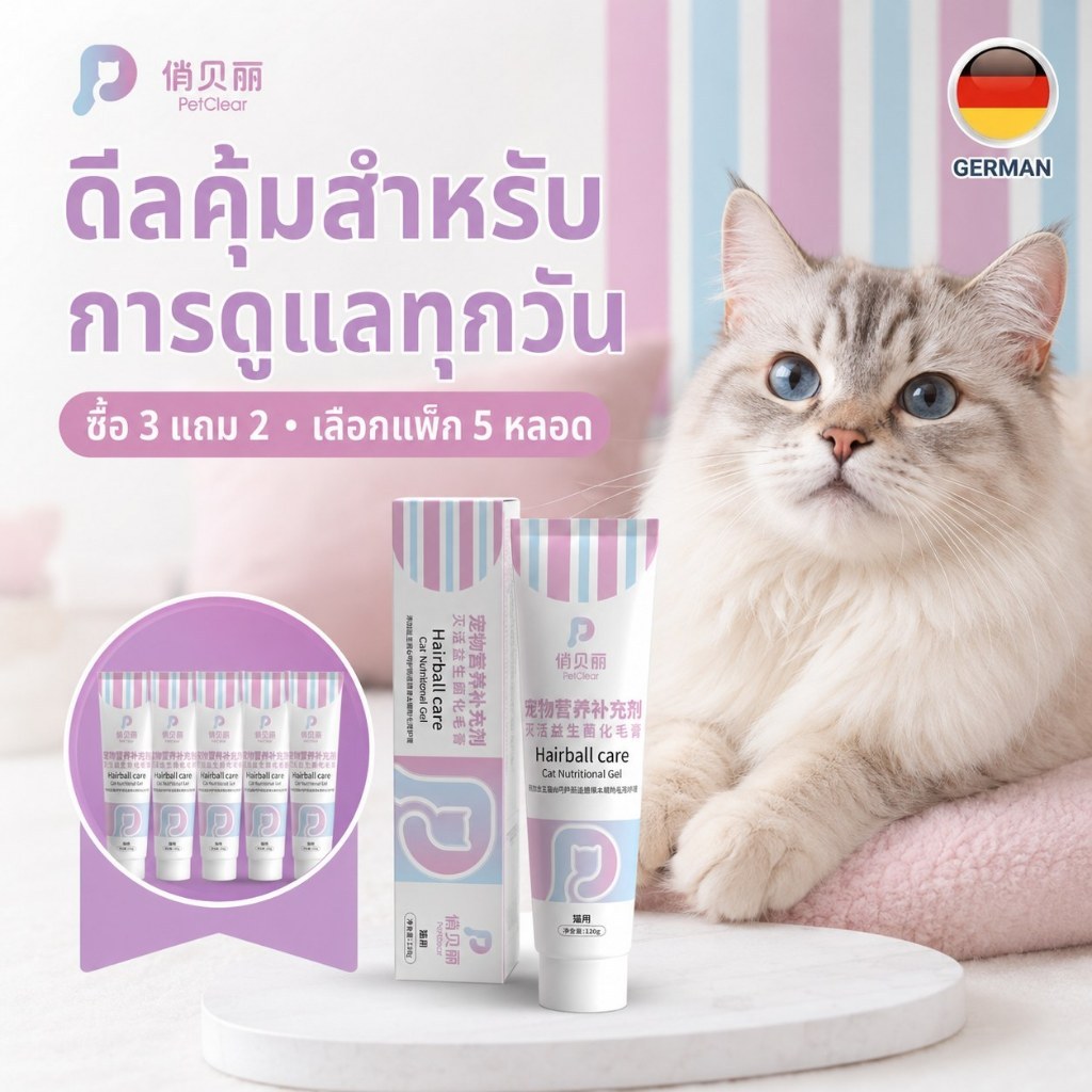 ซื้อ 3 แถม 2 PetClear เจลกำจัดก้อนขนแมว 120g รวม 5 หลอด แพ็กสุดคุ้ม