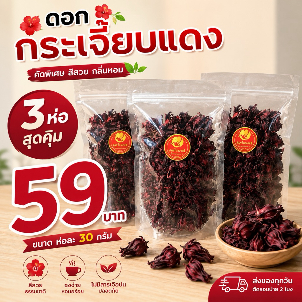 3ห่อ 59บาท  ดอกกระเจี๊ยบแดง สวย สด ใหม่ ดอกสะอาด เปรี้ยวจี๊ดแดงแป๊ด ใช้ต้มน้ำกระเจี๊ยบแดง