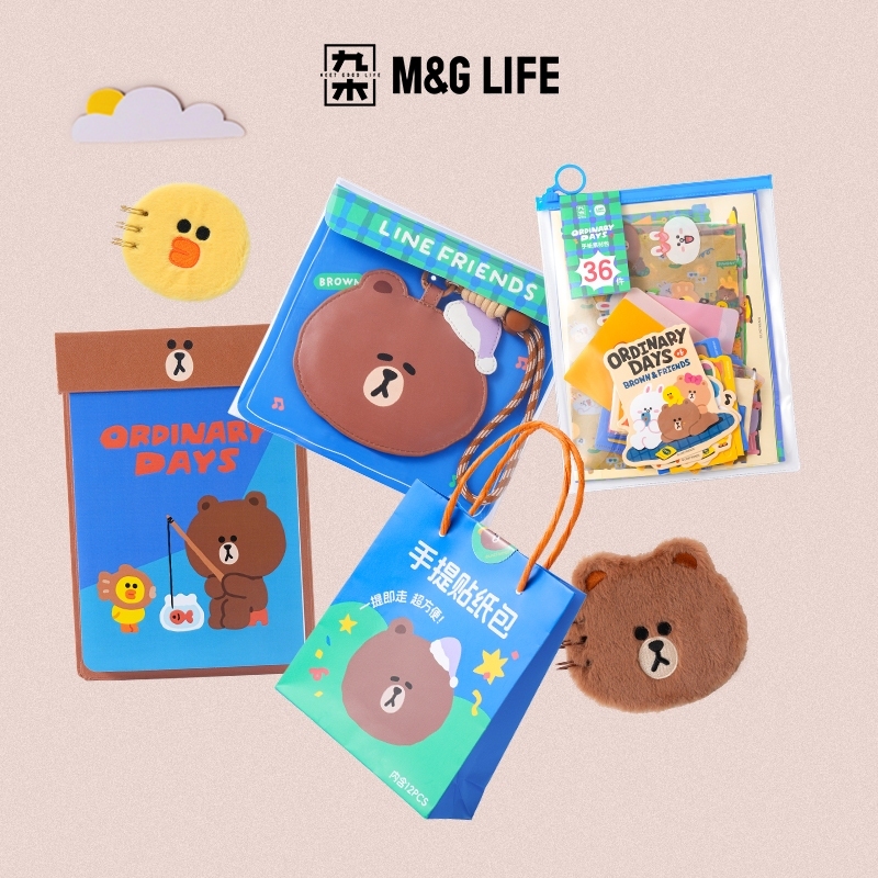M&G Life LINE FRIENDS "Survived Another Day" Series DIY Sticker Material Pack, Plush Notebook, and Card Holder