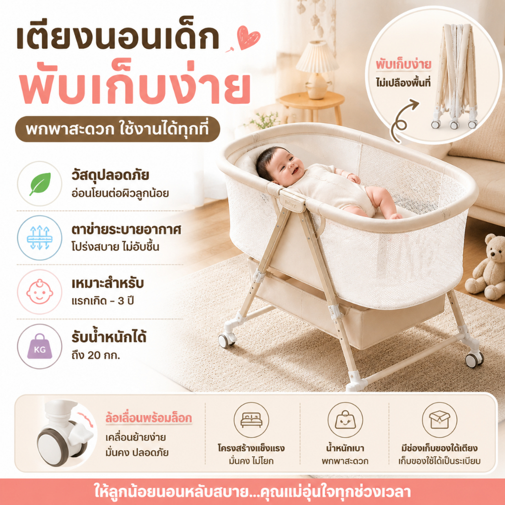 BabeHaven ❤️เปลเด็กอ่อน❤️ เปลเด็ก เก้า้าอี้โยกสำหรับทารก ปรับได้ 4 ระดับ วัสดุ มุ้งล้อมรอบเตียง พับได้ด้วยปุ่มเดียว