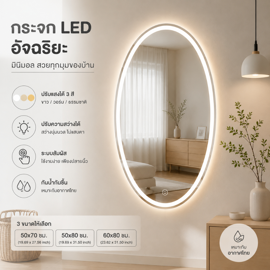 กระจกไฟLED รูปไข่ ติดผนัง สัมผัสเปิด‑ปิด กระจกนิรภัย ไม่มีกรอบ กระจกแต่งหน้าแต่งตัวสำหรับห้องน้ำ ห้องแต่งตัว