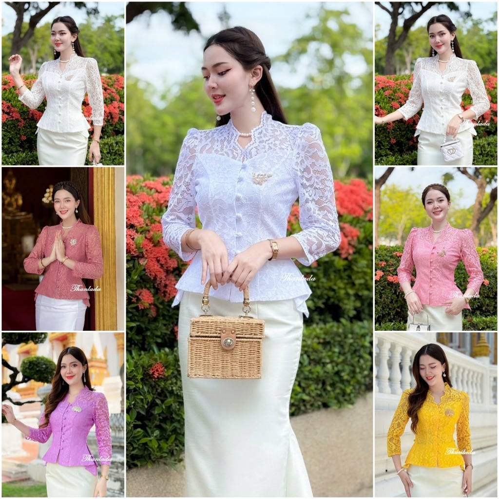เสื้อลูกไม้รุ่น-มรกต  แขนยาว 5ส่วน  คอวี ตกแต่งกระดุมแกะได้